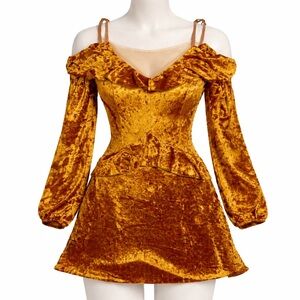 Dance & Marvel Bronze Crushed Velvet Ruffle Mini Dress M NWT